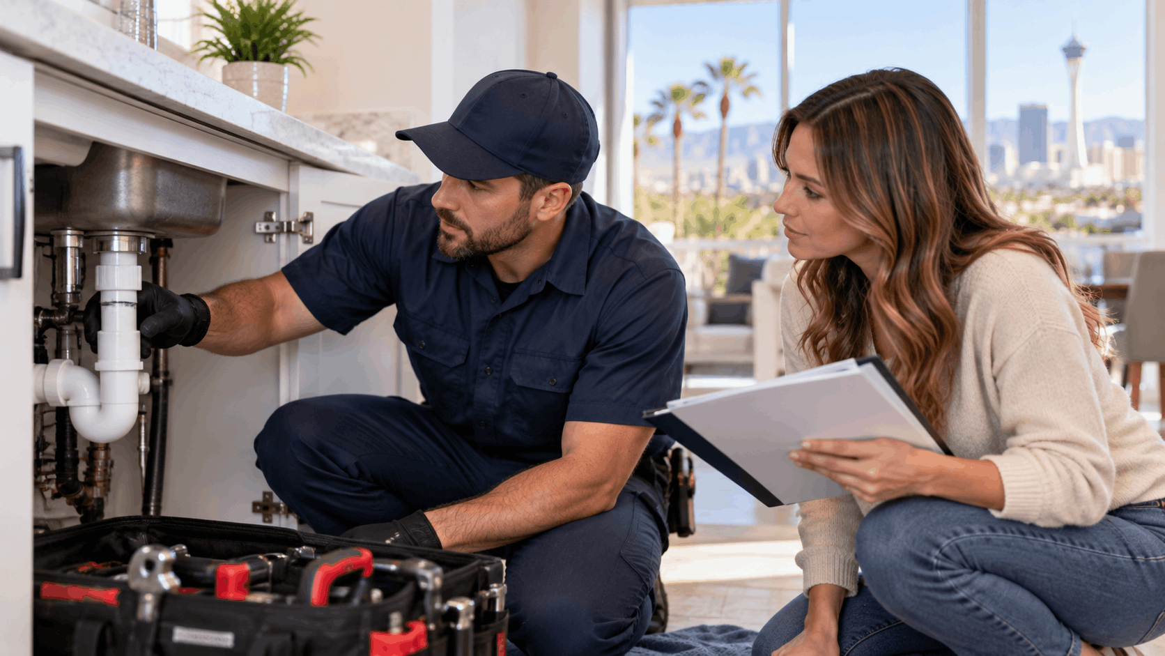 Las Vegas plumber inspecting under-sink pipes while homeowner reviews claim paperwork