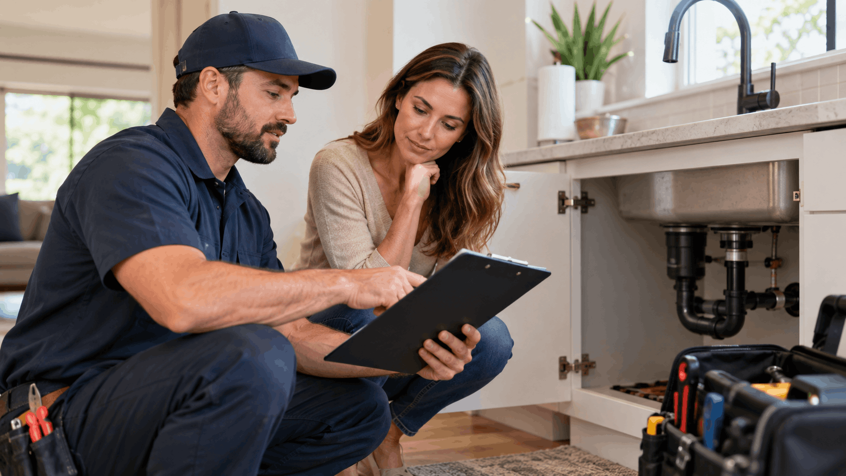 Licensed plumber reviewing insurance estimate with Las Vegas homeowner near kitchen sink