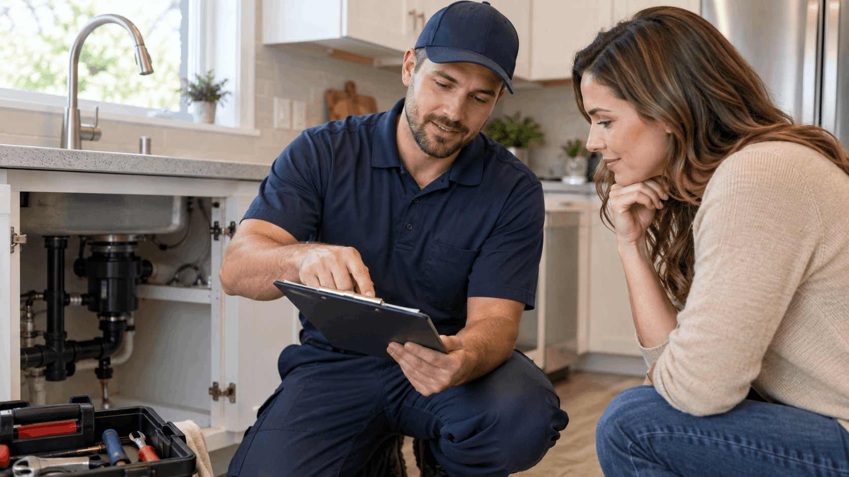 Las Vegas plumber reviewing estimate on clipboard with homeowner beside kitchen sink