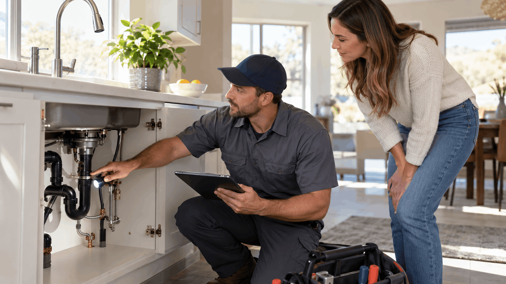 Plumber showing homeowner under-sink plumbing issues during free estimate consultation