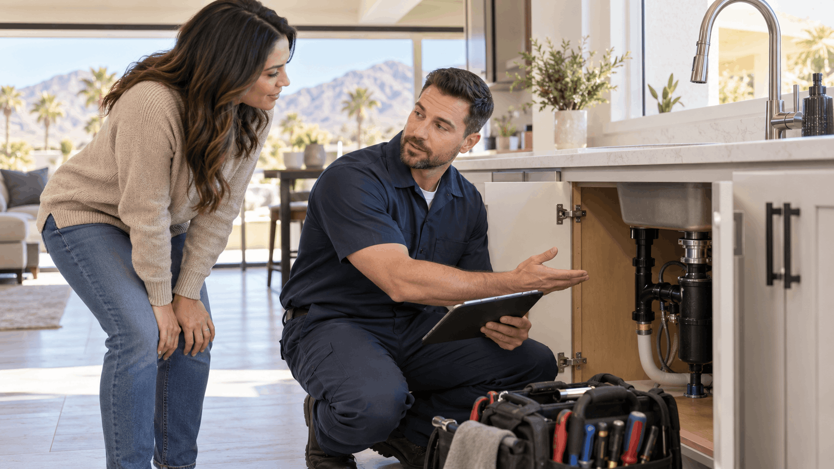 Las Vegas plumber showing homeowner under-sink plumbing issues using tablet