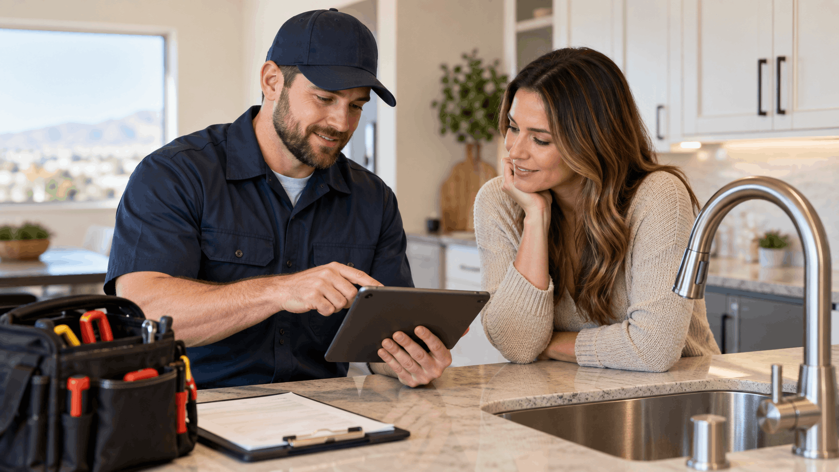 Las Vegas plumber showing tablet estimate to homeowner at kitchen counter with tools nearby