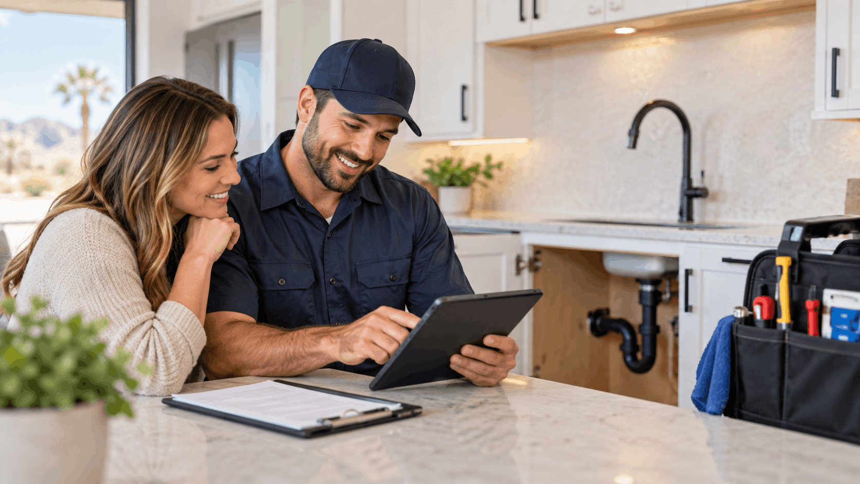 Plumber showing tablet estimate to homeowner in Las Vegas kitchen with tools nearby