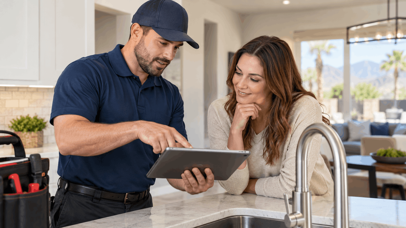 Las Vegas plumber showing homeowner tablet with plumbing service information at kitchen sink