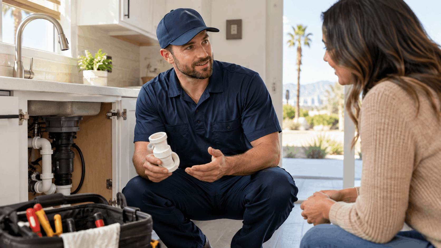 Las Vegas plumber explaining pipe fitting to homeowner during kitchen sink warranty repair