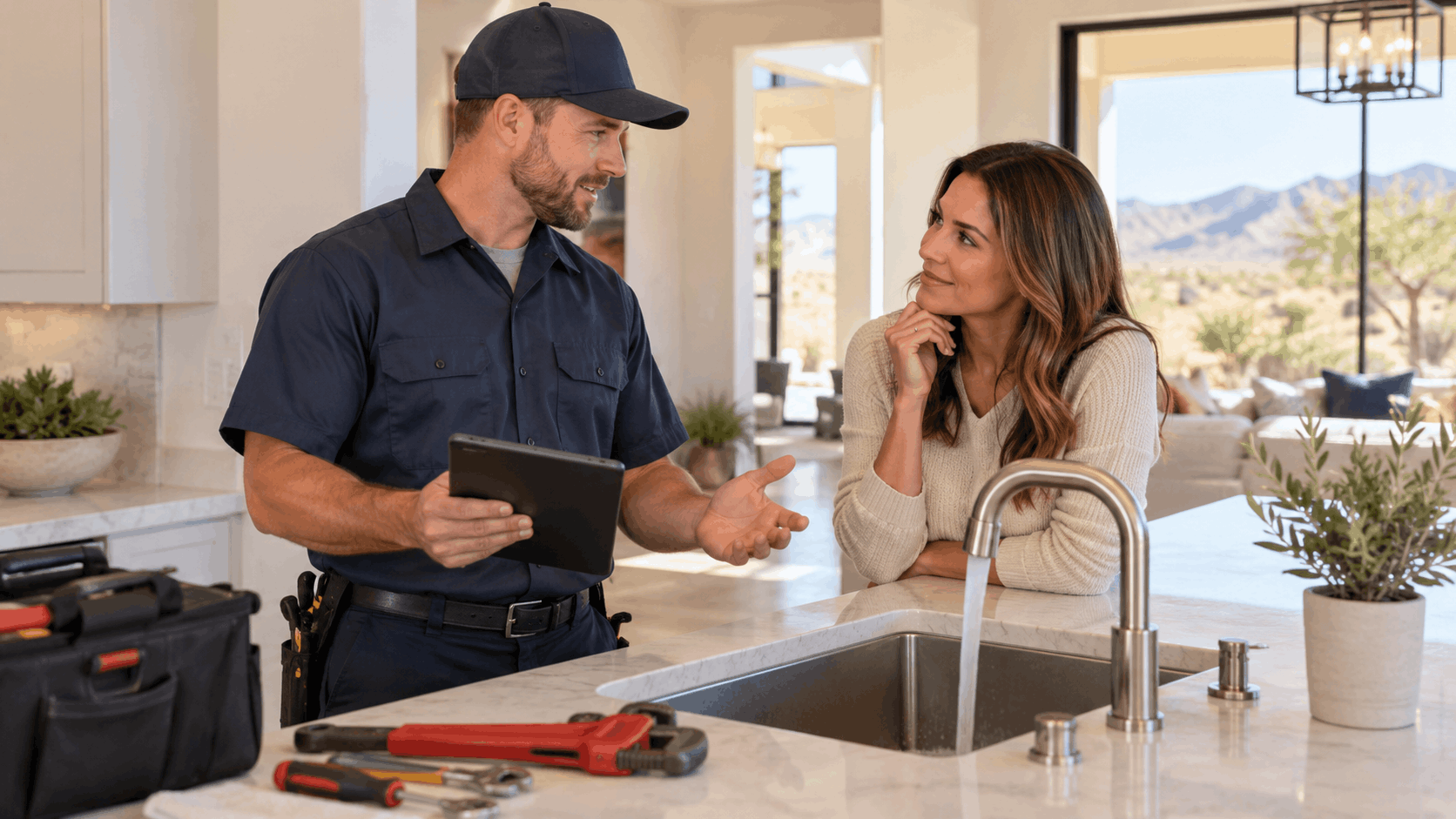 Plumber showing tablet to homeowner at kitchen sink with tools in Las Vegas