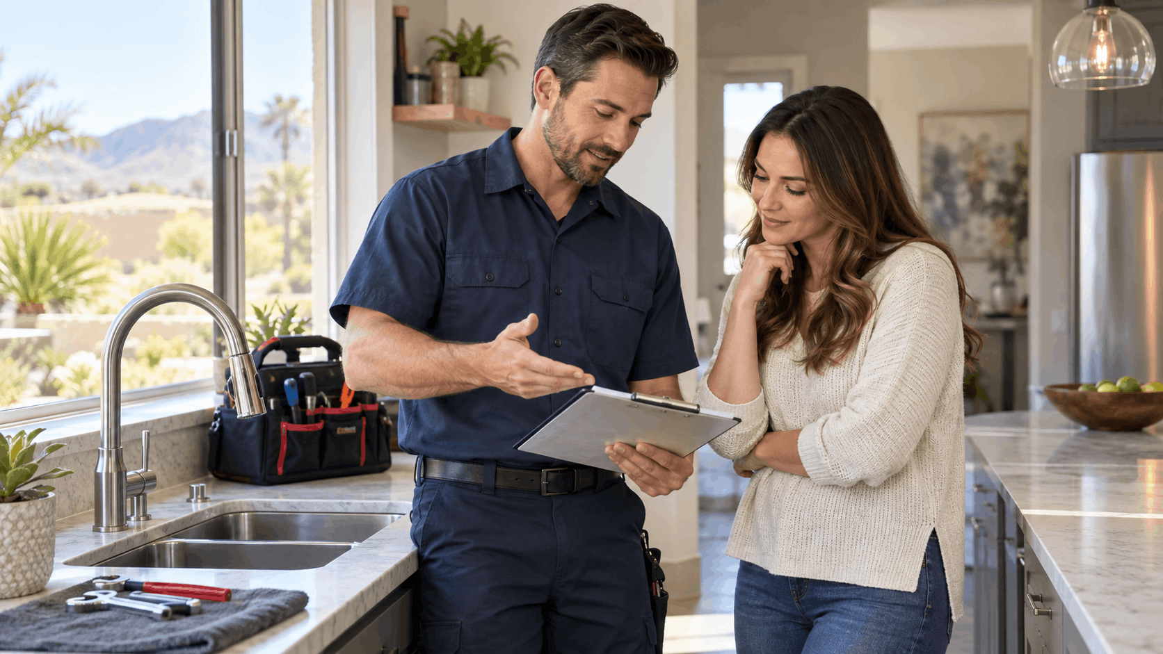 Las Vegas plumber reviewing estimate on clipboard with homeowner in modern kitchen