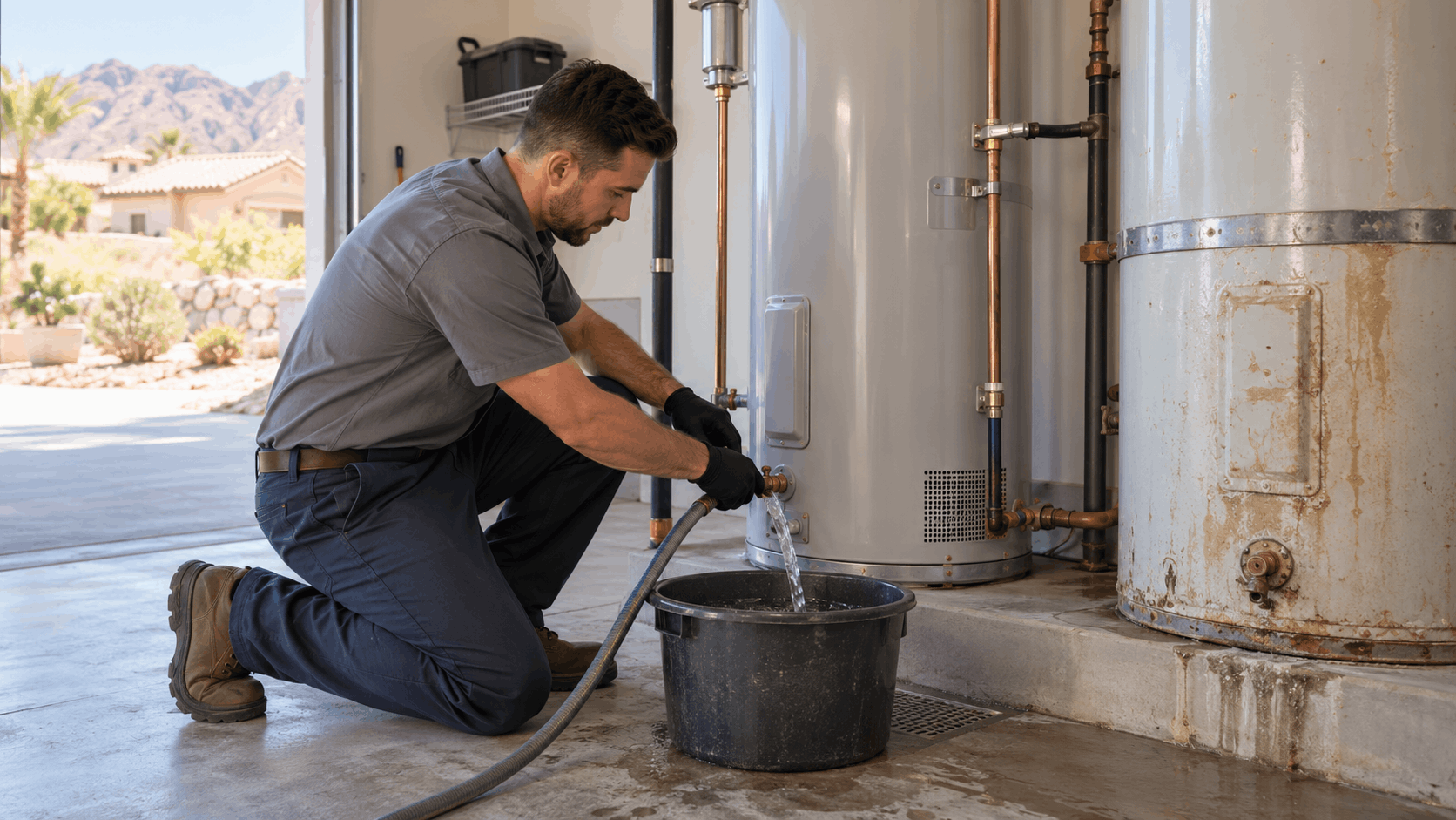 Plumber draining sediment from hard water damaged water heater in Las Vegas garage
