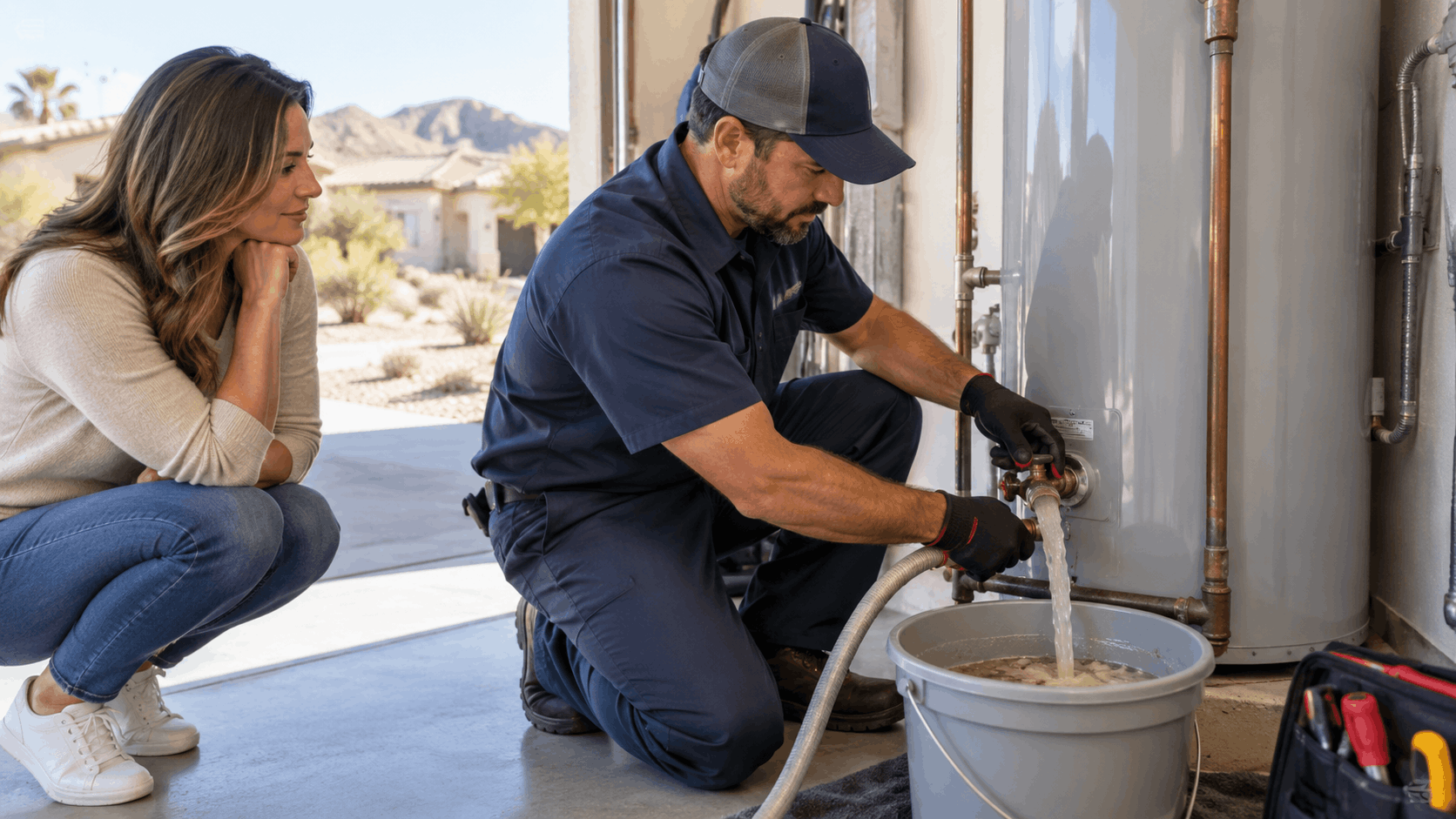 Plumber flushing sediment from water heater into bucket while homeowner watches