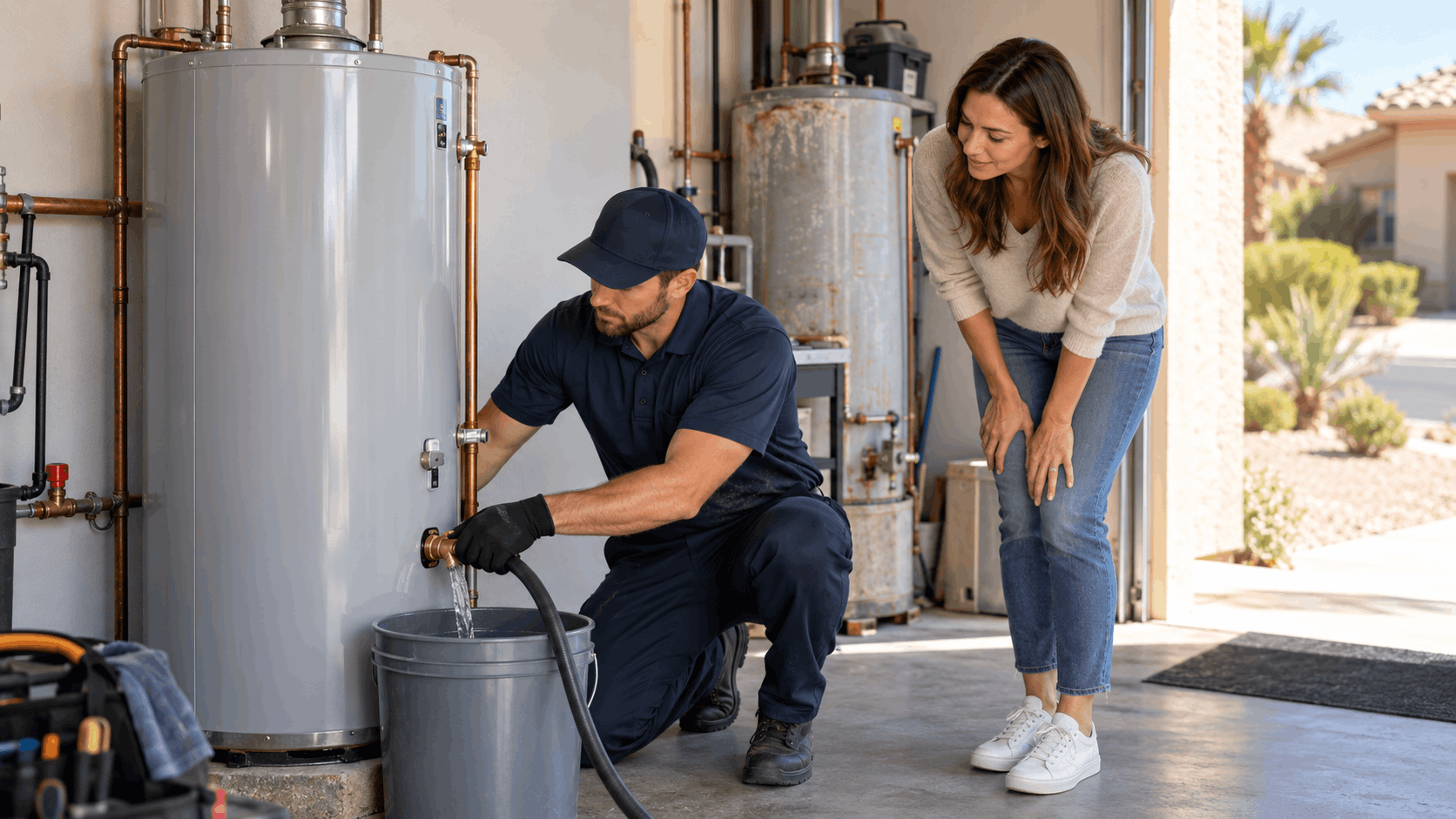 Plumber draining water heater tank while Las Vegas homeowner observes in garage