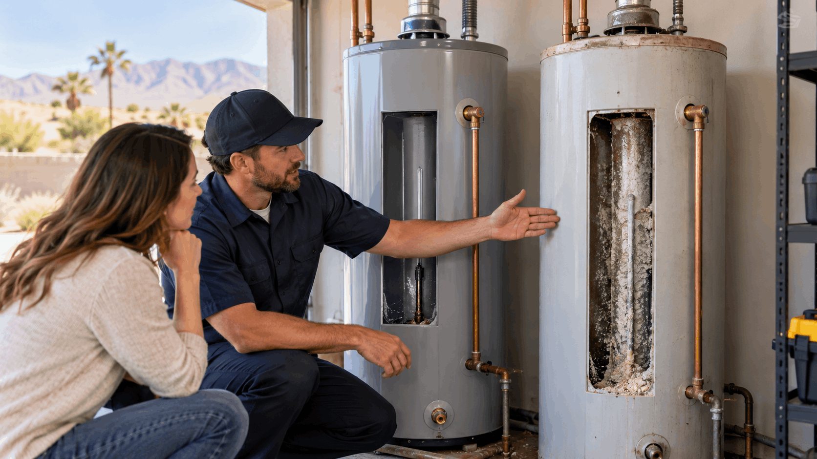 Plumber showing homeowner mineral buildup inside old water heater tank in Las Vegas garage