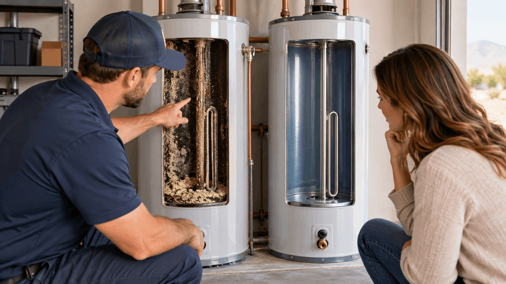 Plumber showing homeowner sediment buildup inside old water heater versus clean unit Las Vegas