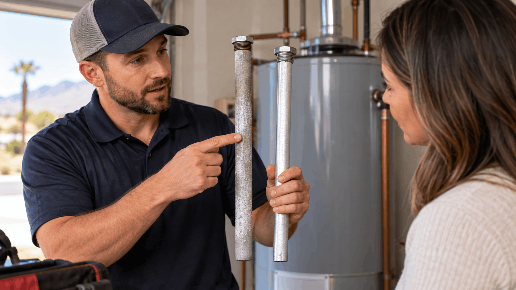 Plumber showing worn anode rod compared to new one near water heater