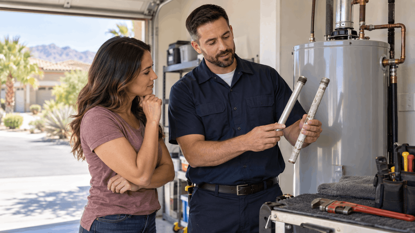 Plumber showing corroded anode rod to homeowner beside Las Vegas water heater