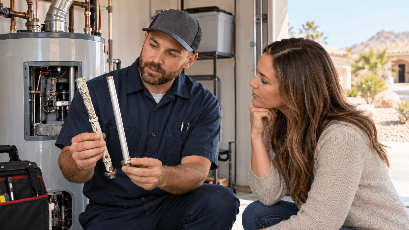 Plumber showing corroded anode rod to homeowner beside Las Vegas water heater