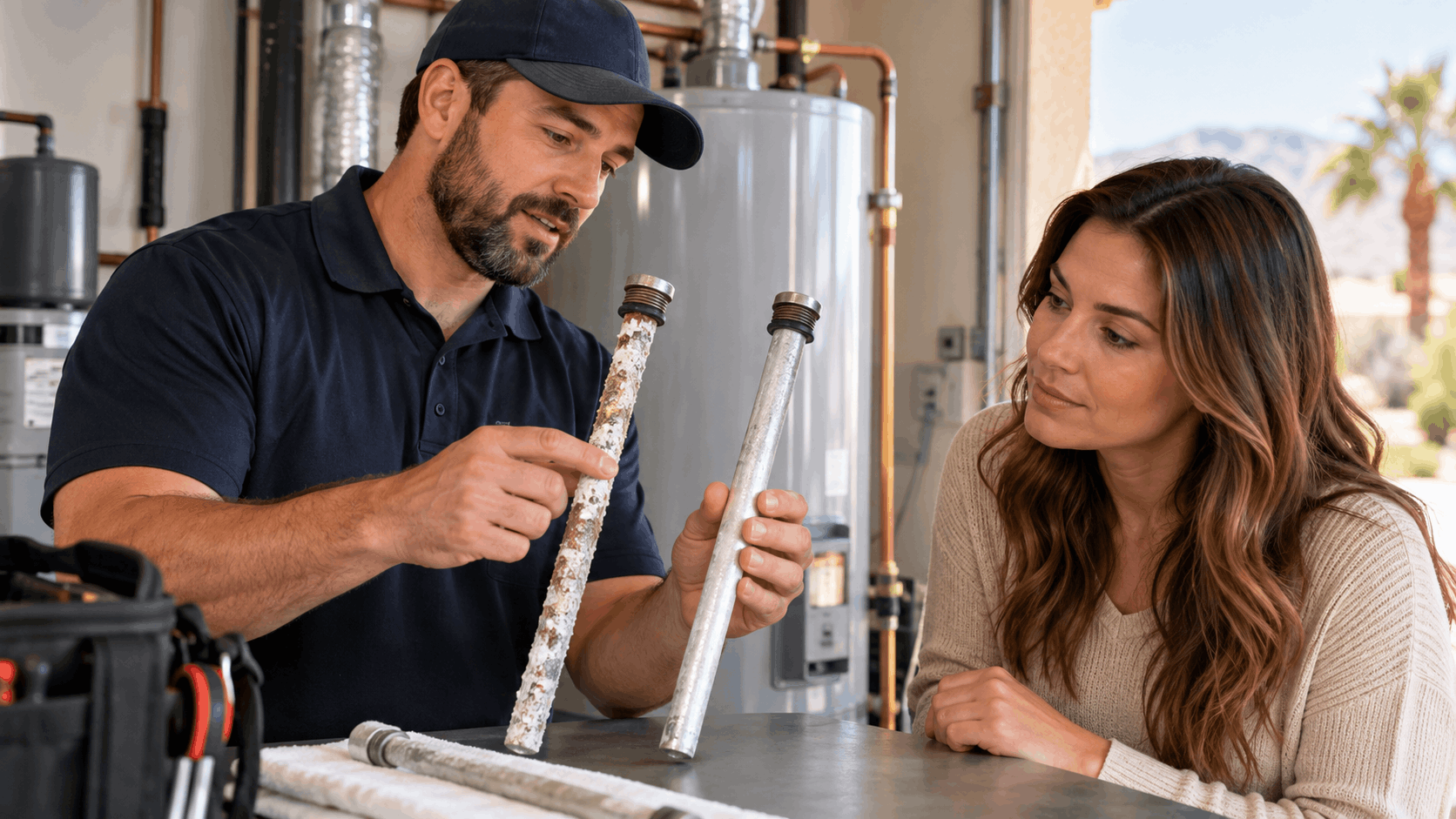 Plumber showing homeowner old corroded vs new anode rod near Las Vegas water heater