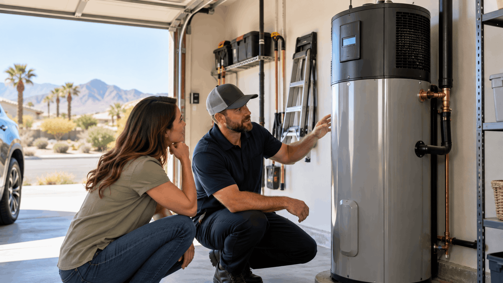 Plumber explaining heat pump water heater installation to homeowner in Las Vegas garage