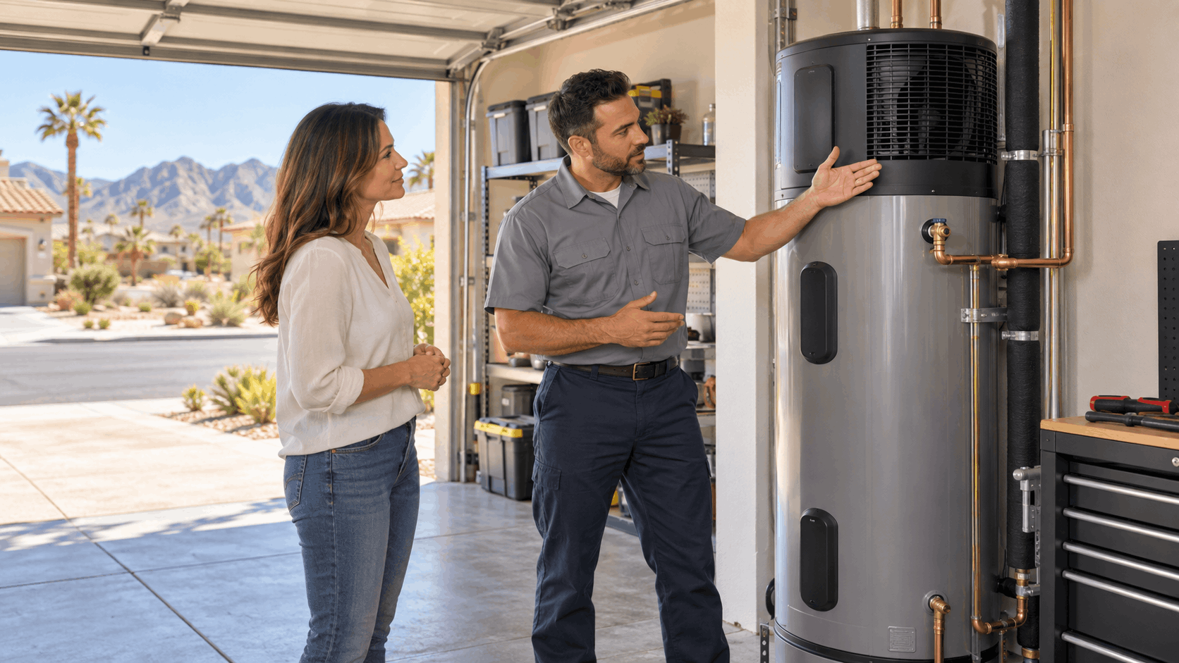 HVAC technician explaining heat pump water heater installation to Las Vegas homeowner in garage
