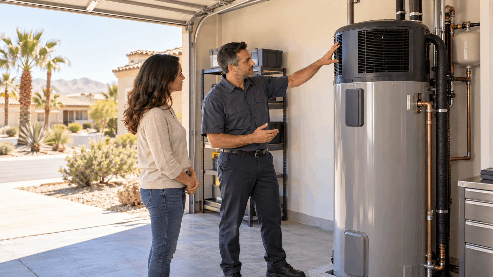 Plumber explaining heat pump water heater installation to homeowner in Las Vegas garage
