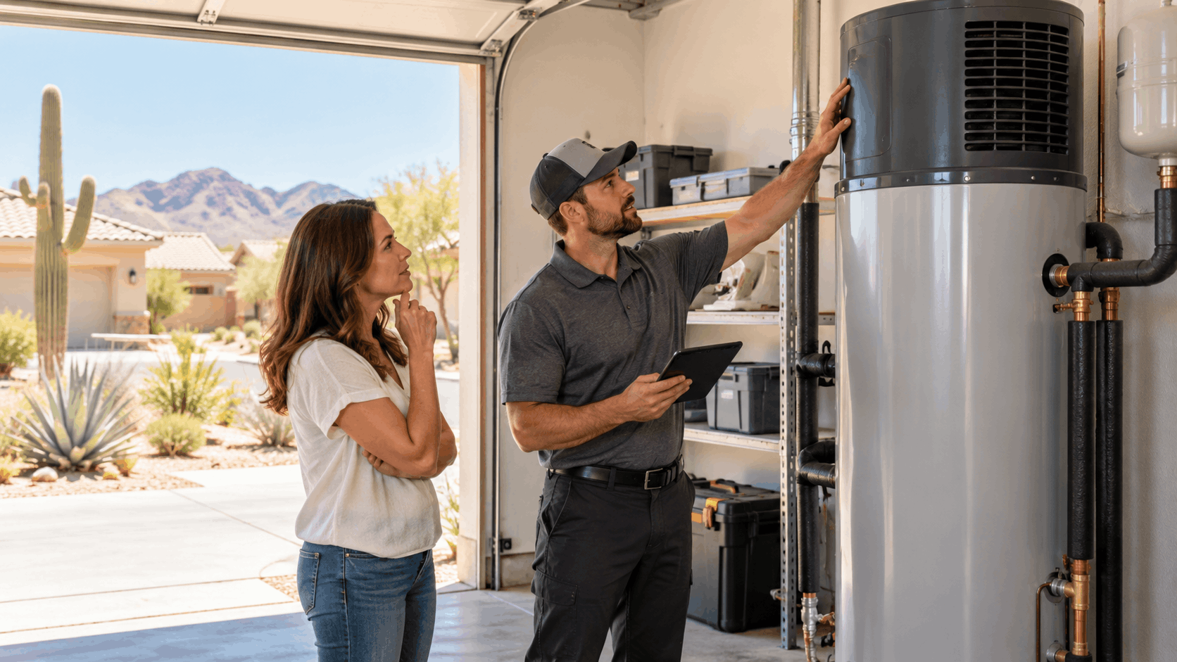 Plumber inspecting heat pump water heater installation in desert home garage with homeowner
