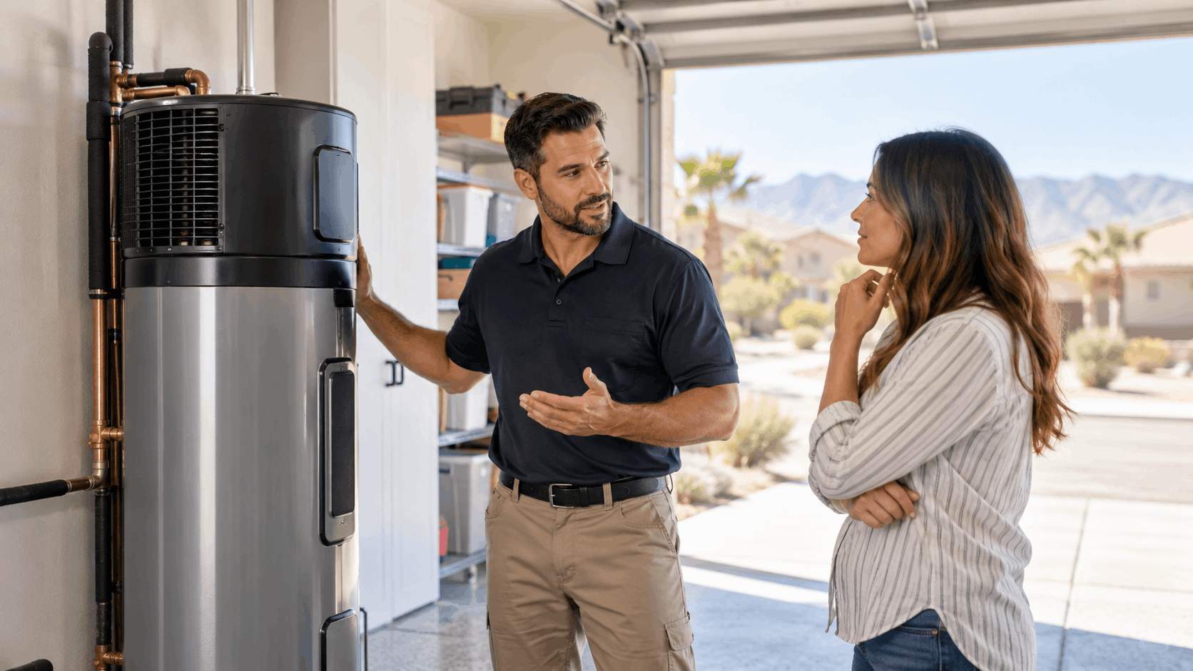 Plumber explaining heat pump water heater installation to homeowner in Las Vegas garage