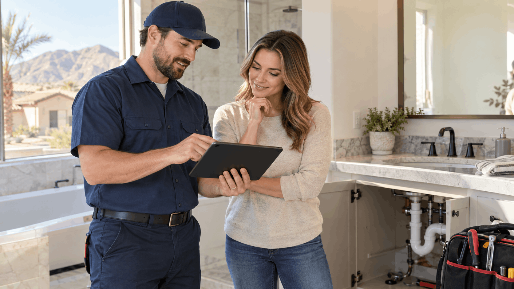 Licensed plumber showing insurance and bond verification on tablet to Las Vegas homeowner