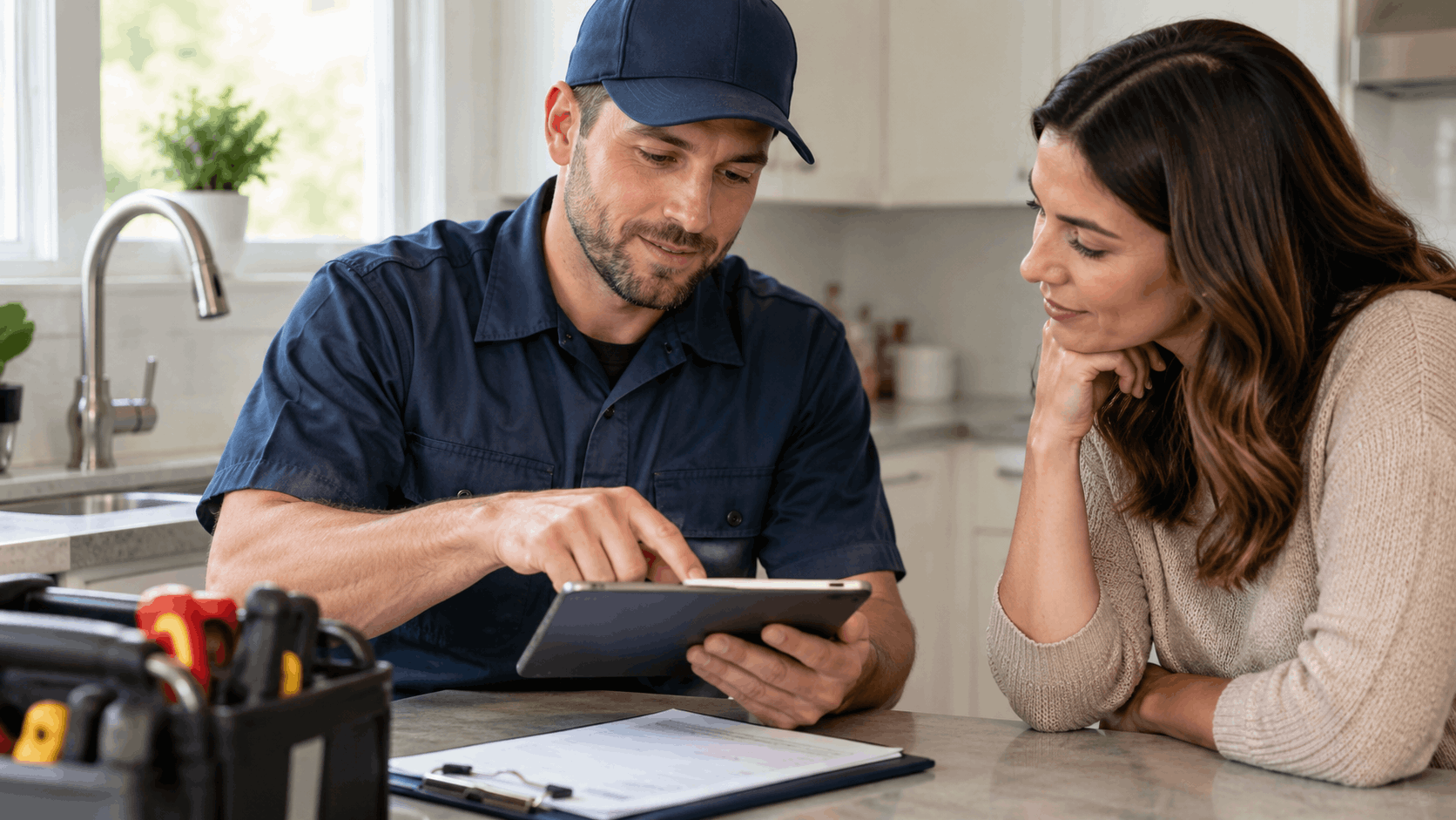 Licensed plumber showing tablet estimate to homeowner in kitchen with tools nearby