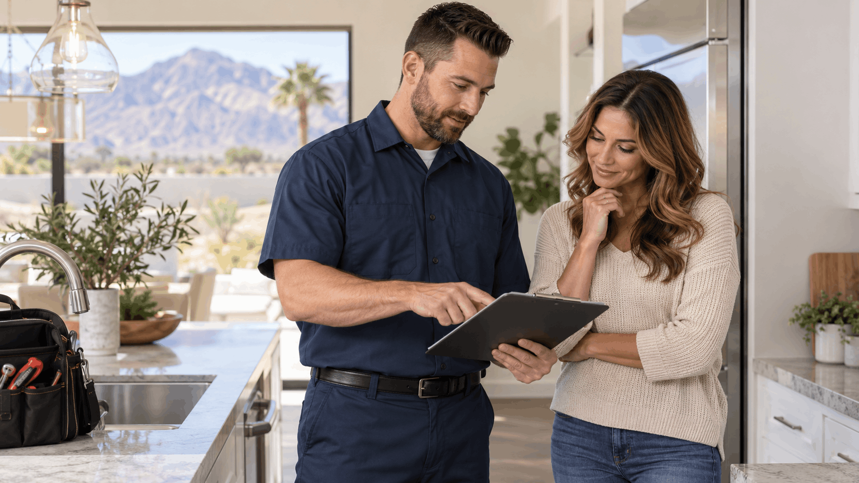 Licensed plumber in uniform reviewing tablet with Las Vegas homeowner in modern kitchen