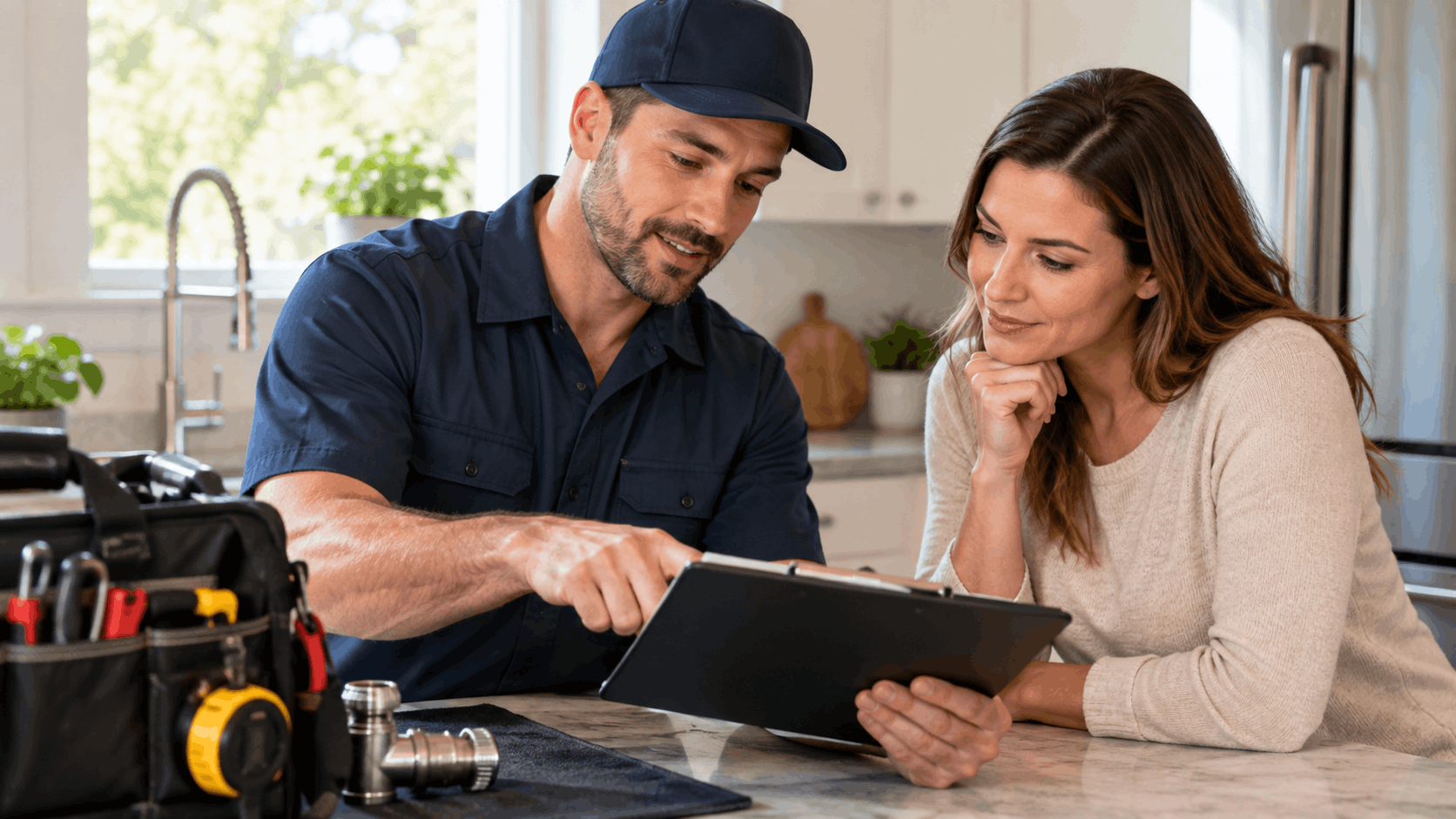 Plumber showing Las Vegas homeowner tablet estimate in modern kitchen with tools
