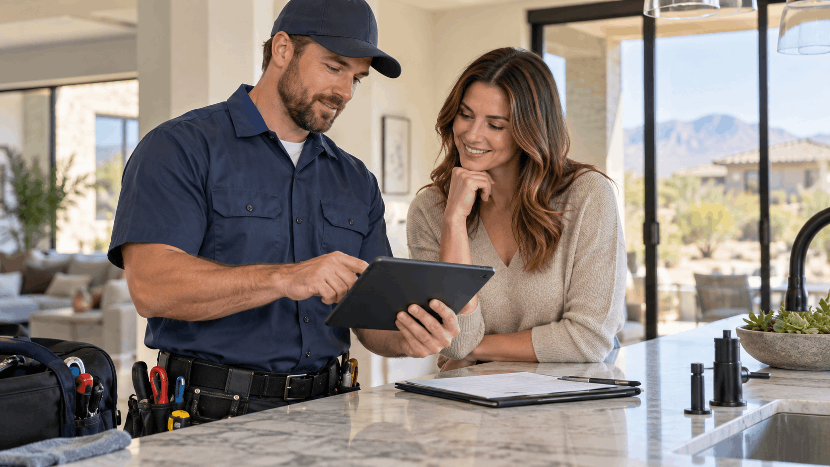 Las Vegas plumber showing tablet with plumbing FAQ information to smiling homeowner in kitchen