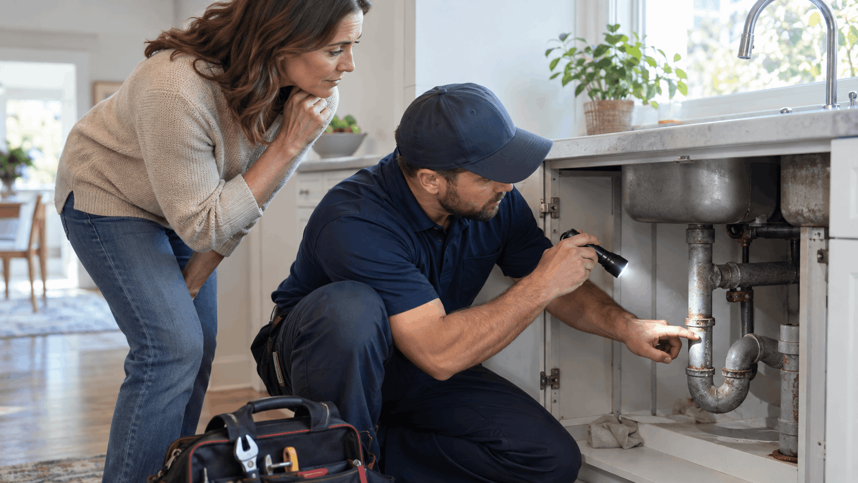 Plumber inspecting corroded galvanized pipes under kitchen sink with flashlight