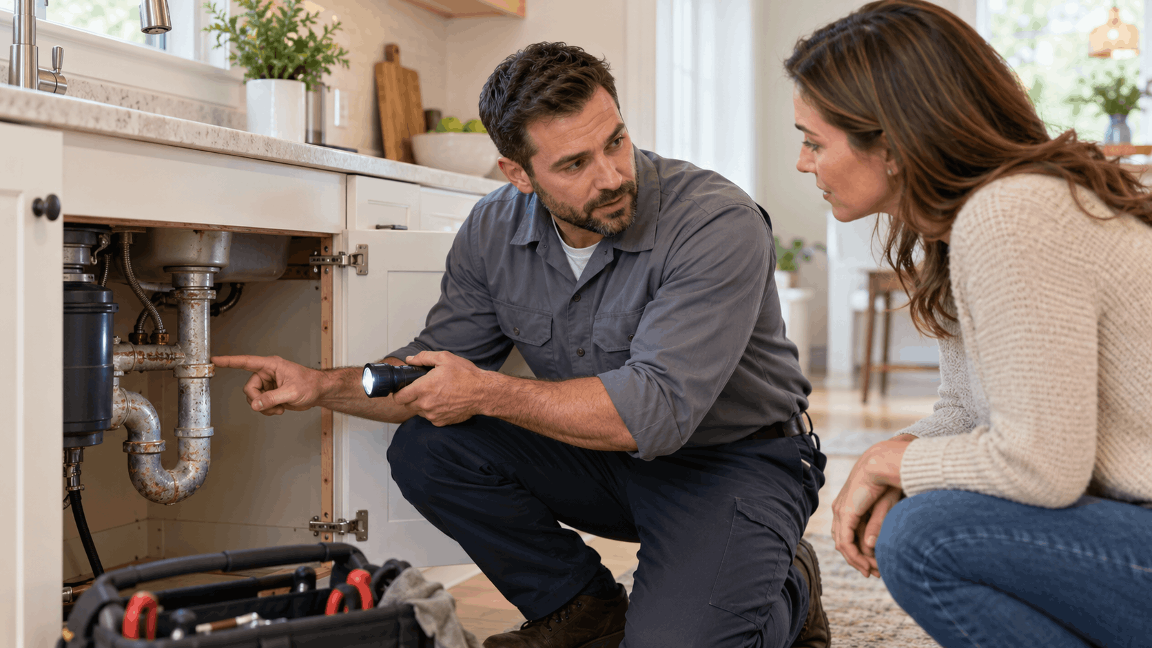Las Vegas plumber inspecting corroded under-sink pipes with flashlight for homeowner