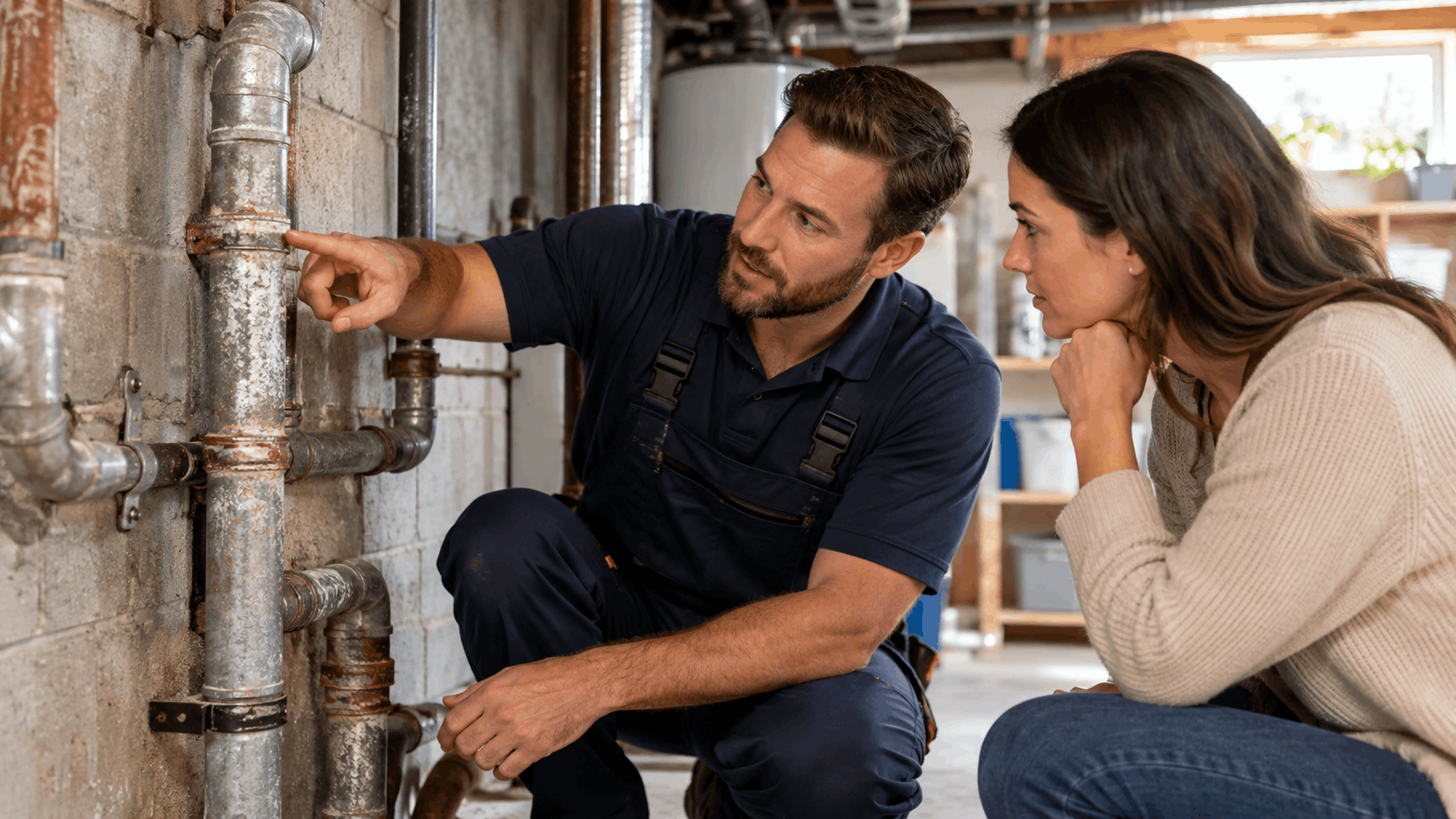Plumber showing homeowner corroded pipes during Las Vegas home repipe inspection