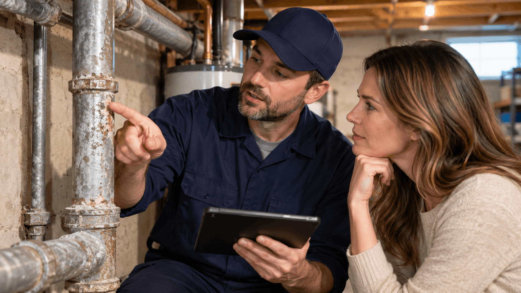 Plumber showing homeowner corroded pipes during Las Vegas plumbing inspection with tablet