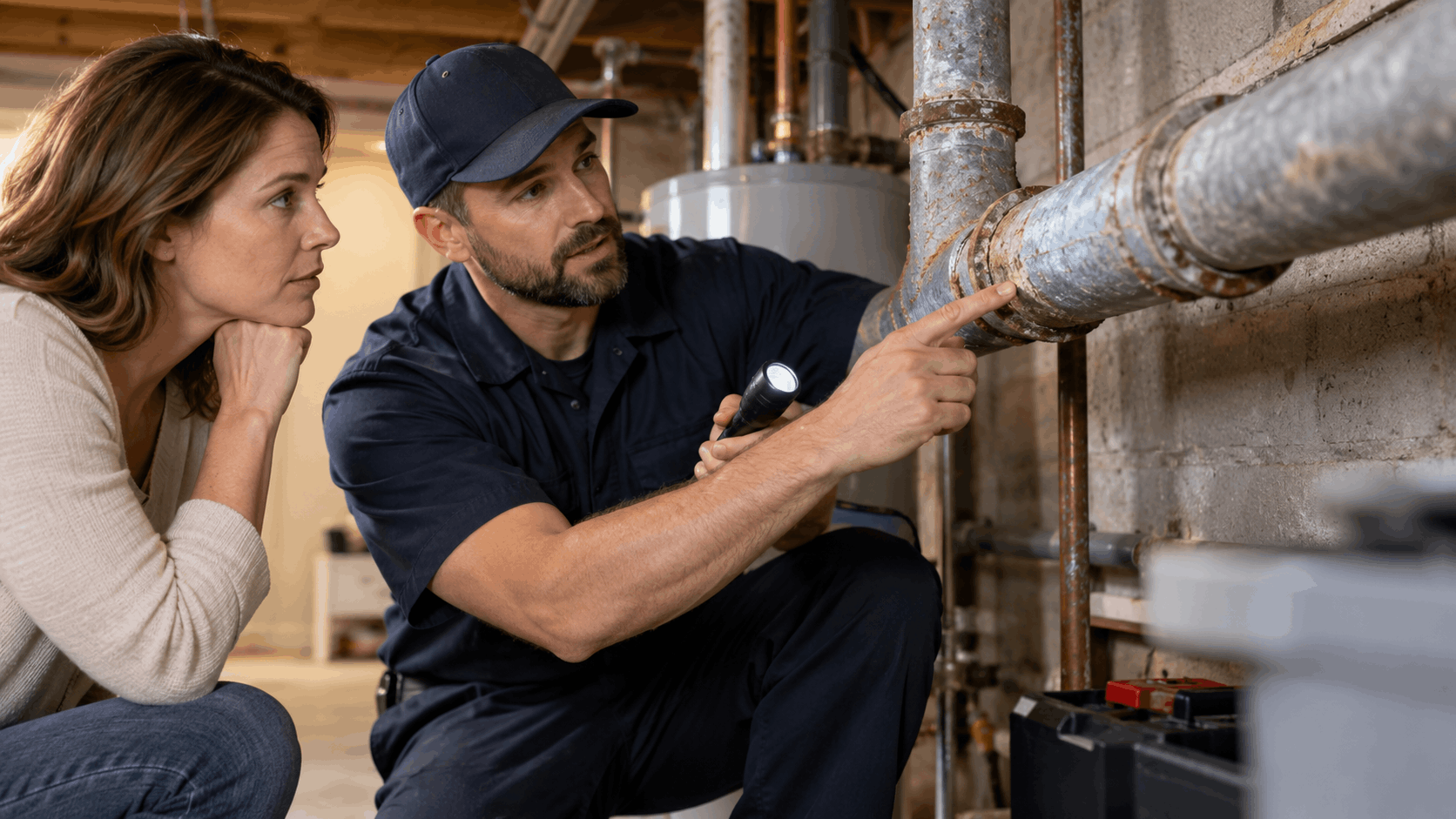 Las Vegas plumber inspecting rusty basement pipes with flashlight alongside homeowner
