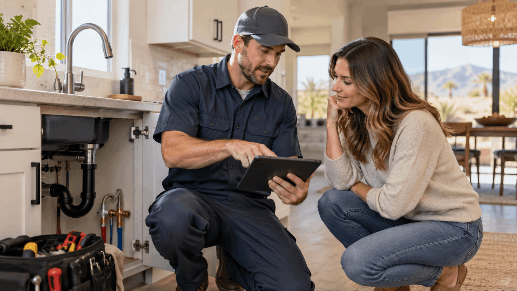 Las Vegas plumber showing tablet estimate to homeowner near kitchen sink pipes
