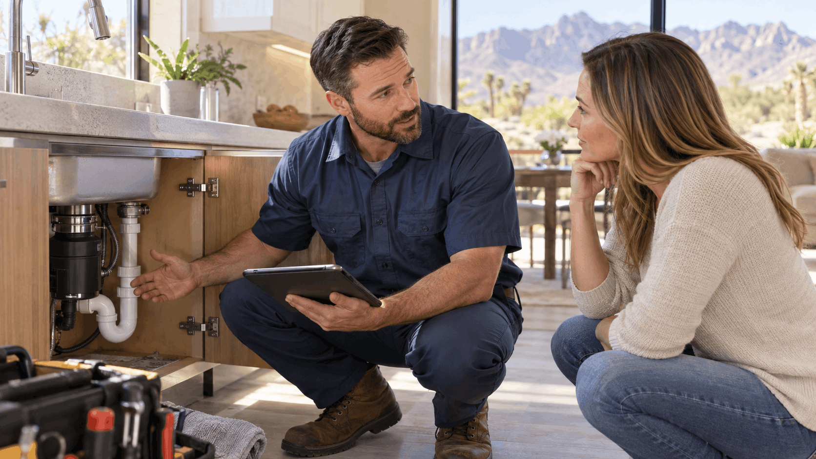 Plumber explaining under-sink garbage disposal issue to Las Vegas homeowner with tablet