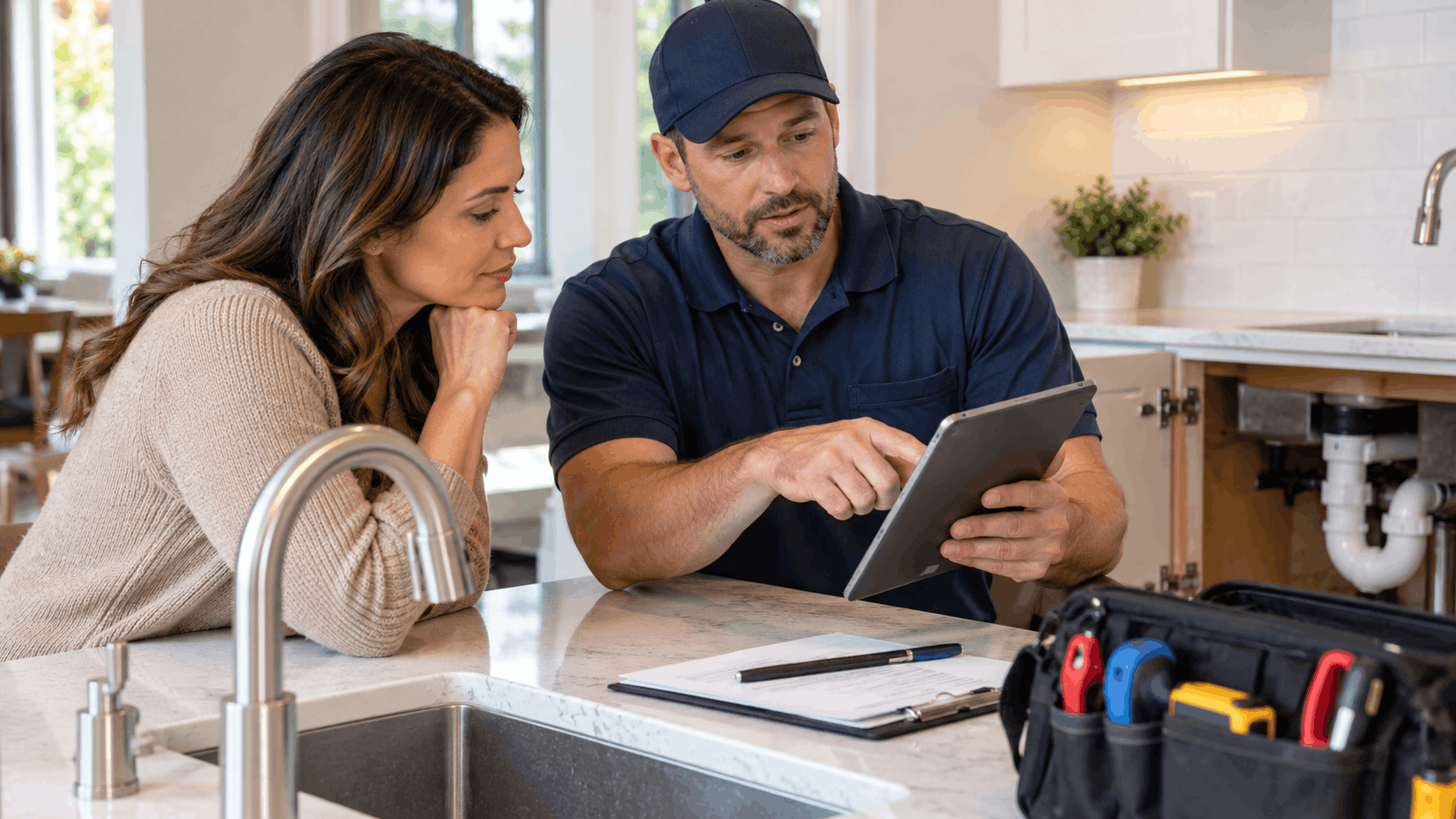 Plumber showing homeowner tablet with repiping estimate in Las Vegas kitchen