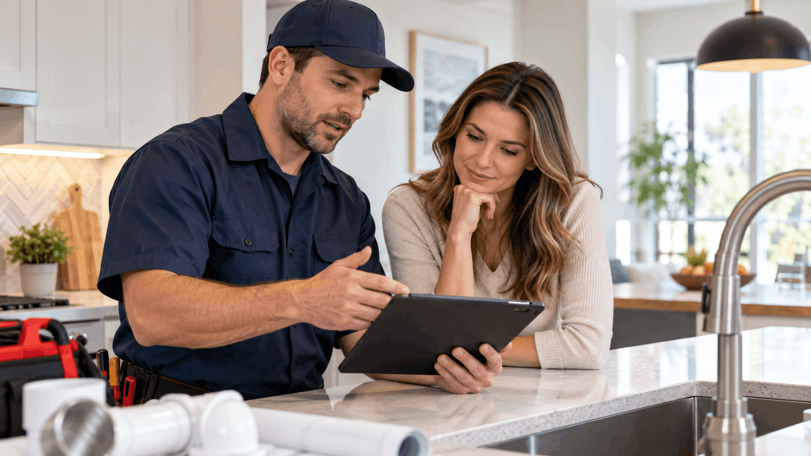 Plumber showing Las Vegas homeowner plumbing estimate on tablet in modern kitchen