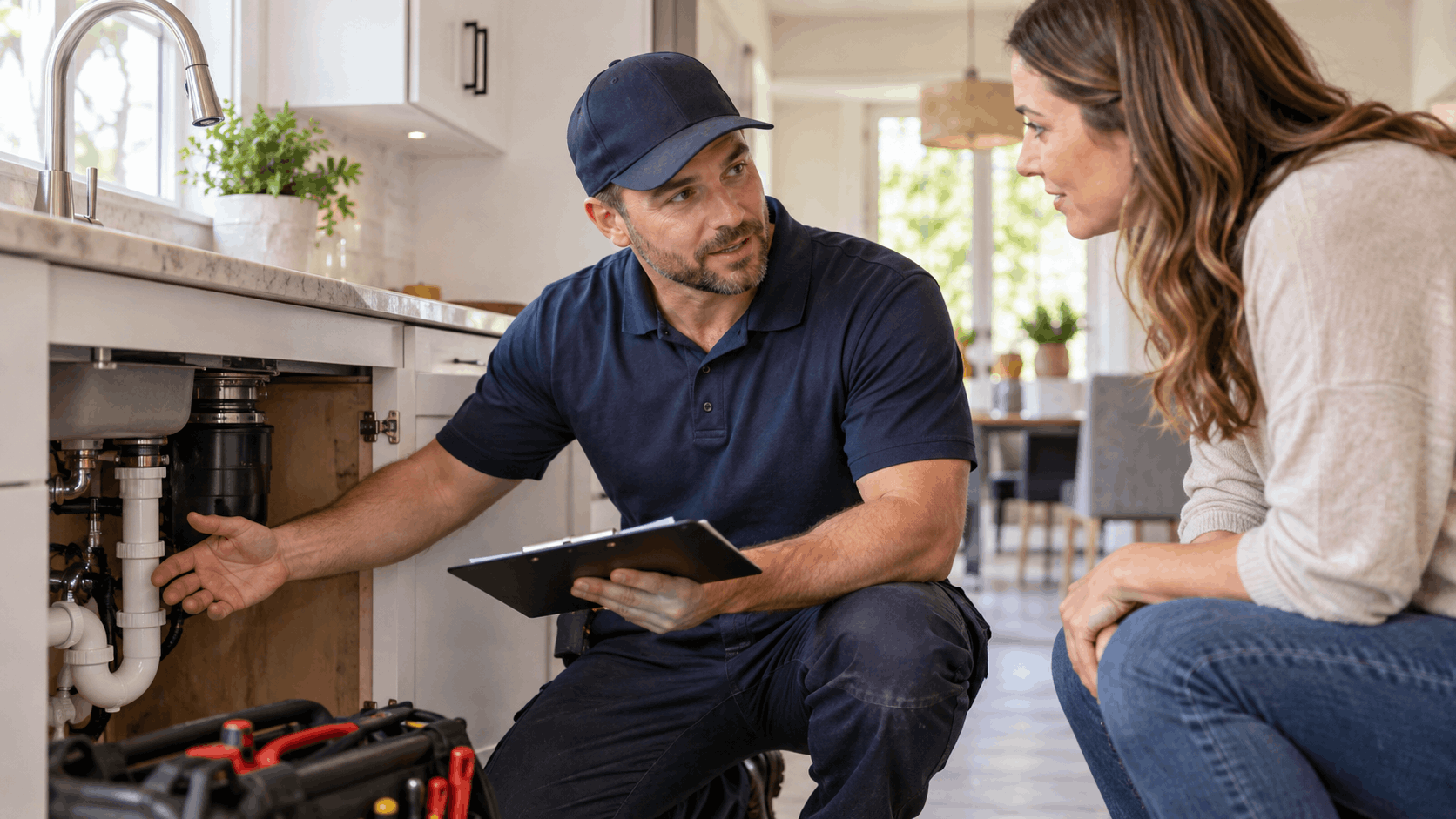 Las Vegas plumber explaining under-sink garbage disposal issue to homeowner with clipboard