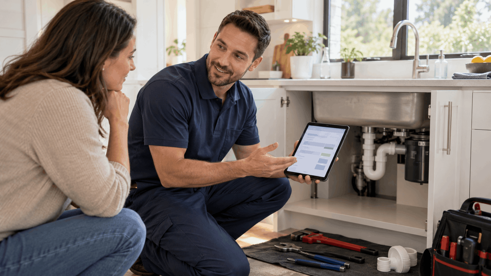 Plumber showing transparent pricing estimate on tablet to Las Vegas homeowner near kitchen sink
