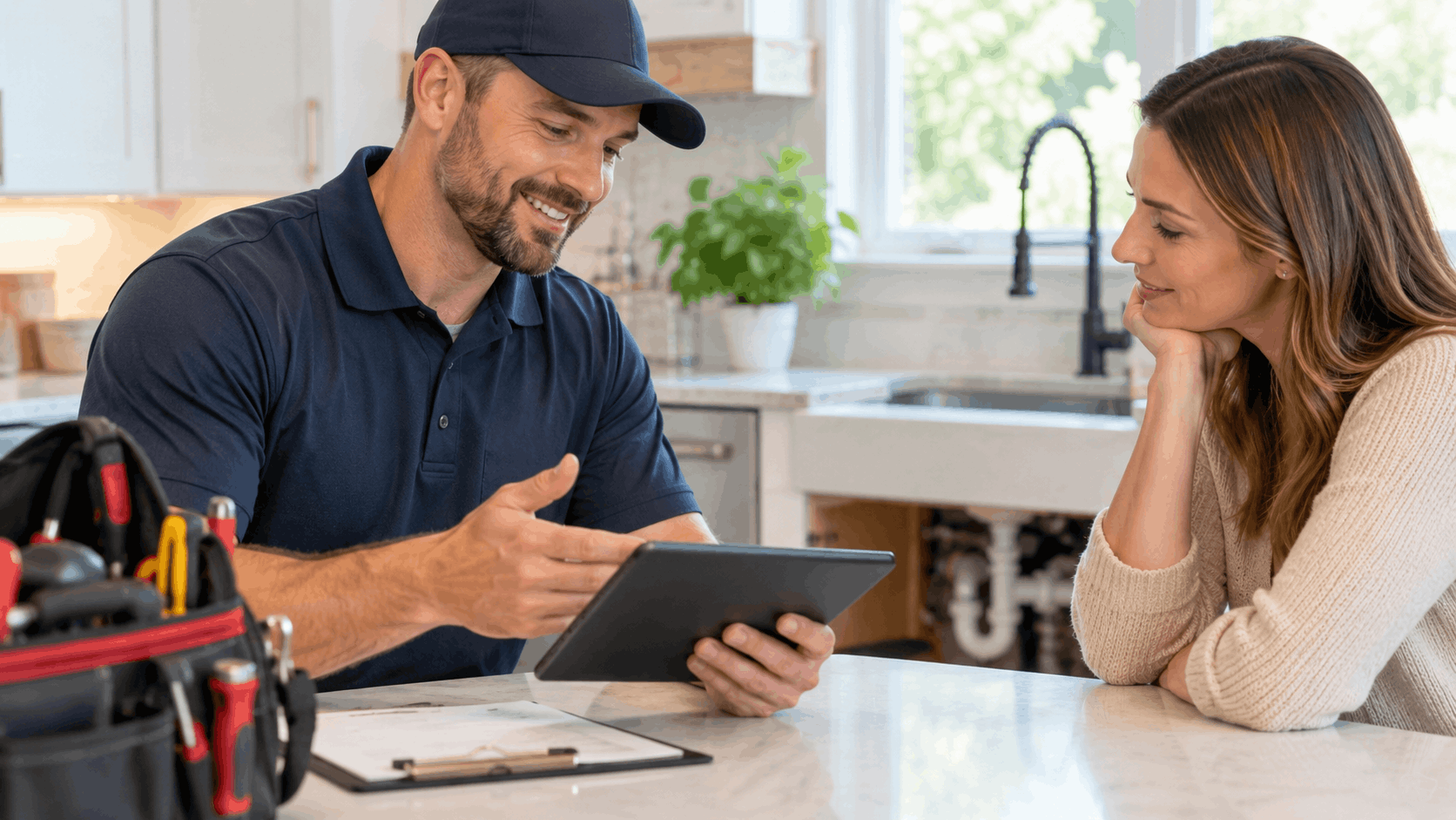 Plumber showing tablet quote to homeowner in Las Vegas kitchen with open cabinet pipes