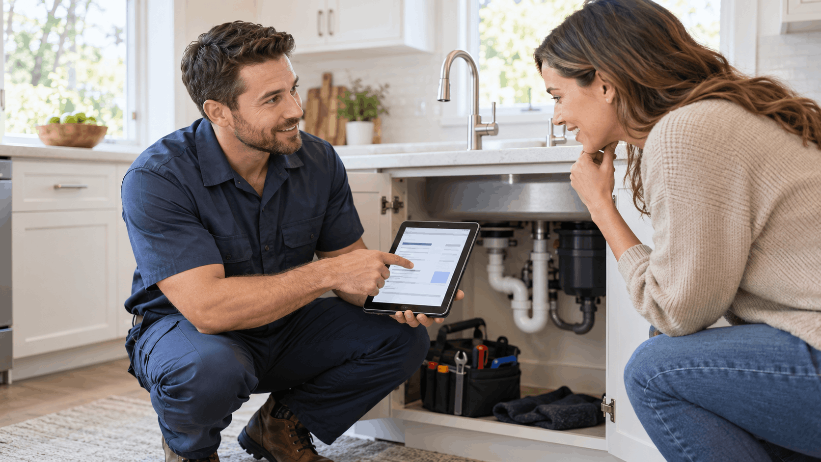 Plumber showing tablet with plumbing cost estimate to Las Vegas homeowner under kitchen sink
