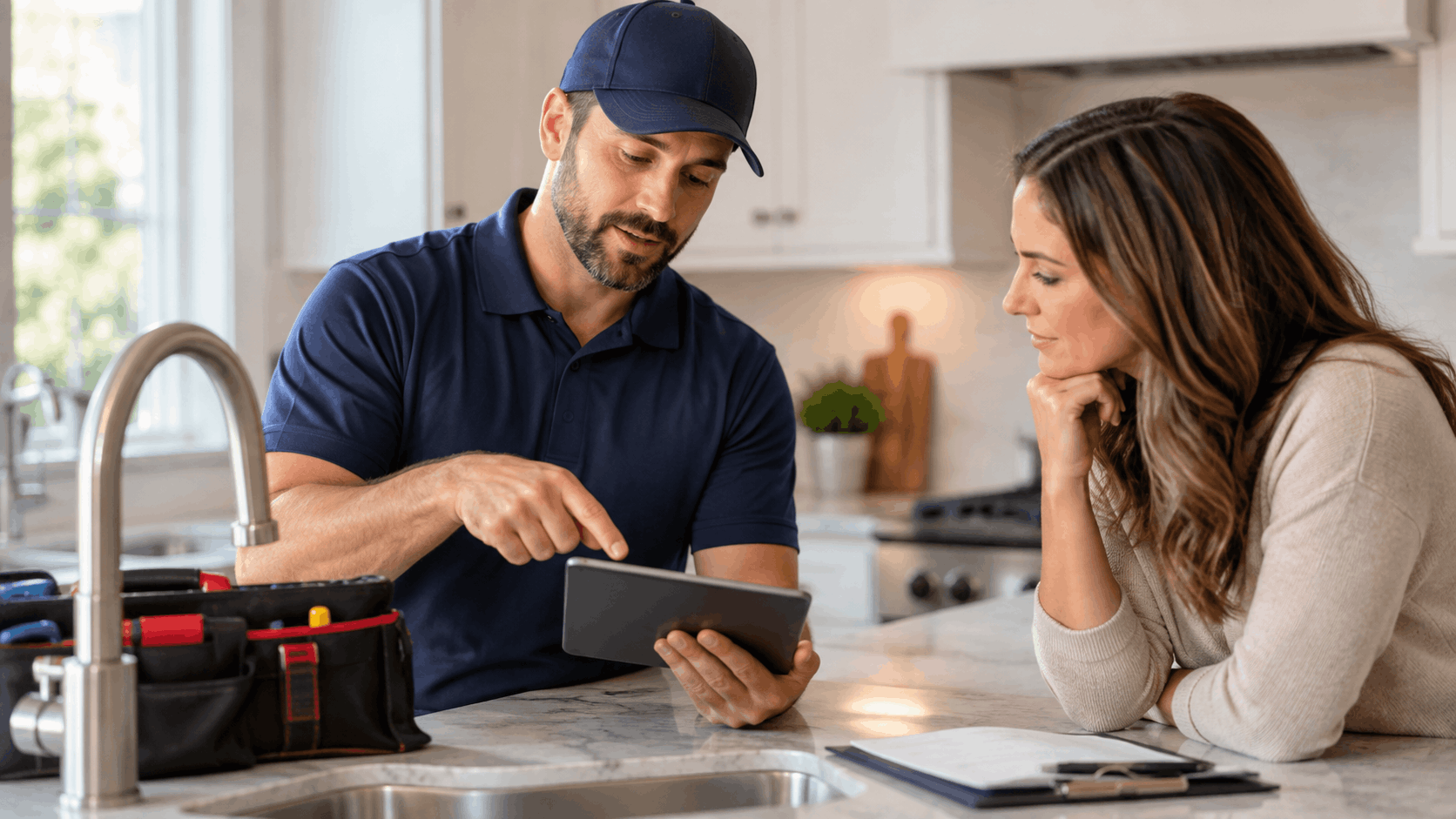 Las Vegas plumber showing after-hours service pricing to homeowner on tablet in kitchen