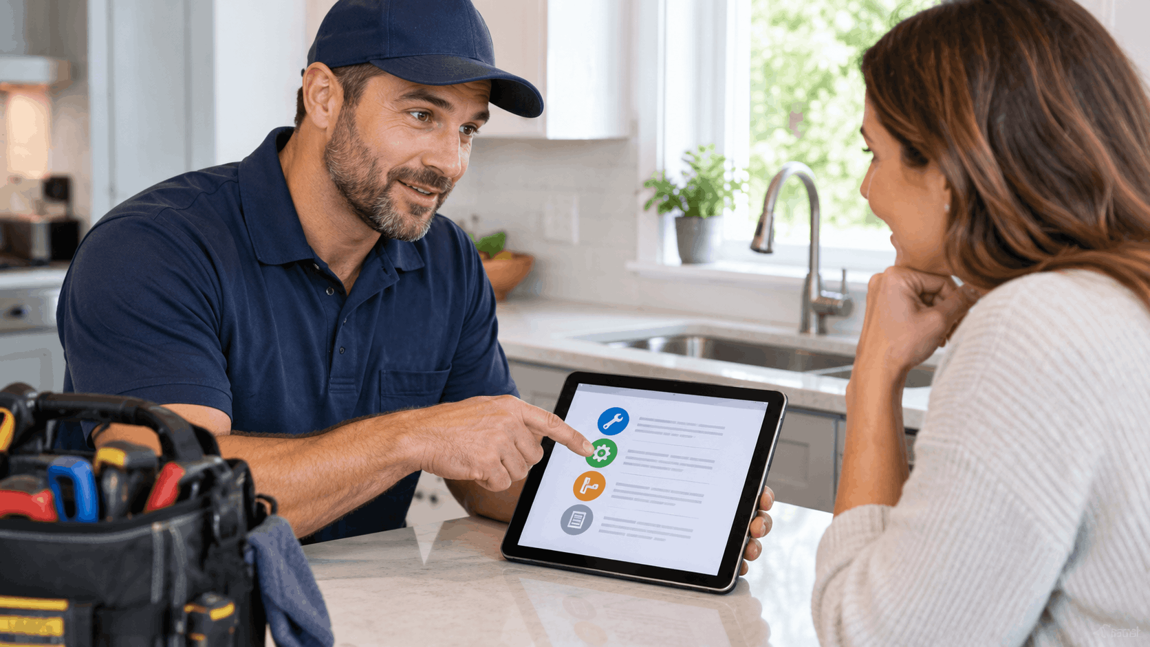 Las Vegas plumber showing tablet with service options to homeowner in kitchen