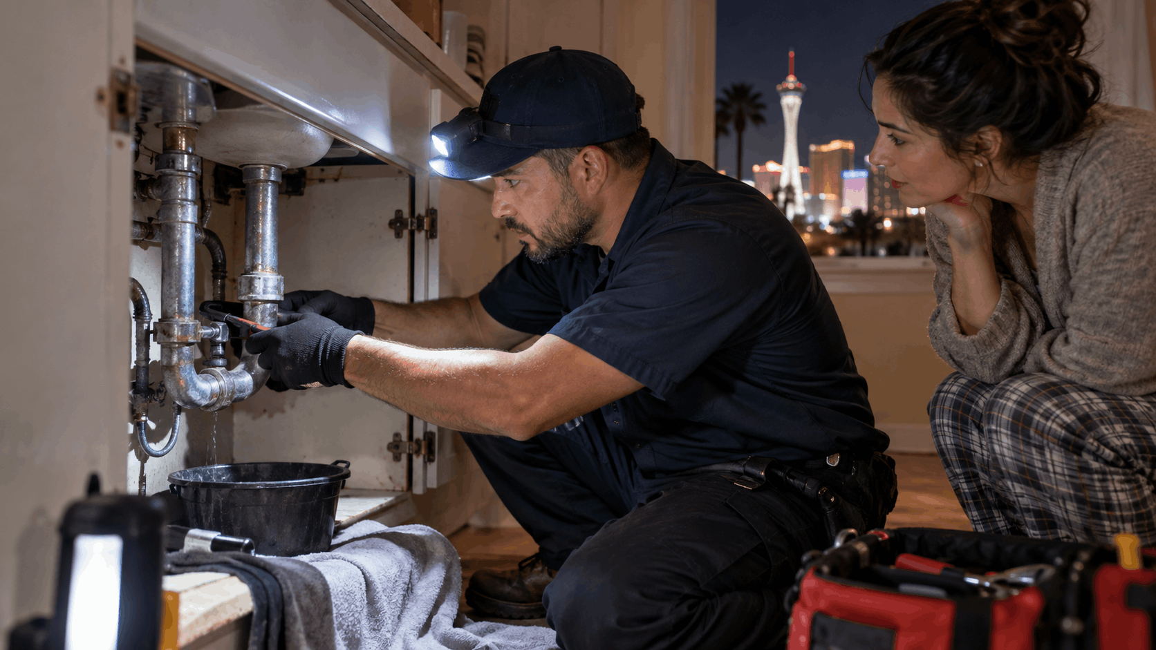 Plumber repairing corroded galvanized pipes under kitchen sink in Las Vegas home at night