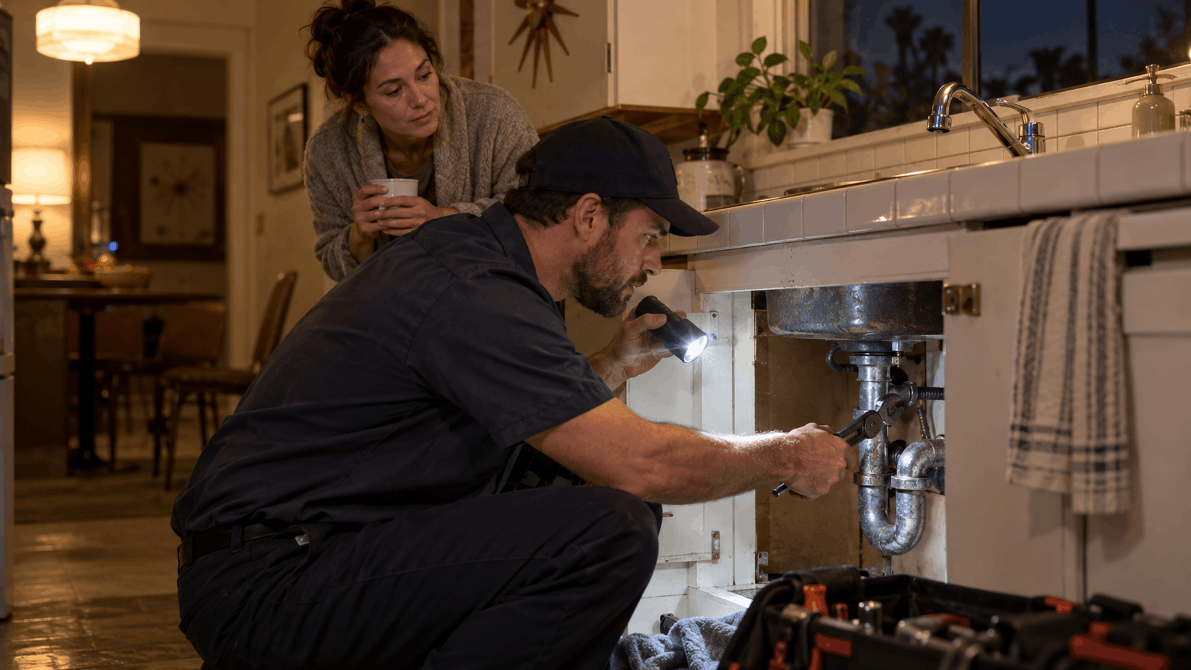 Las Vegas plumber inspecting under-sink pipes with flashlight during emergency night call