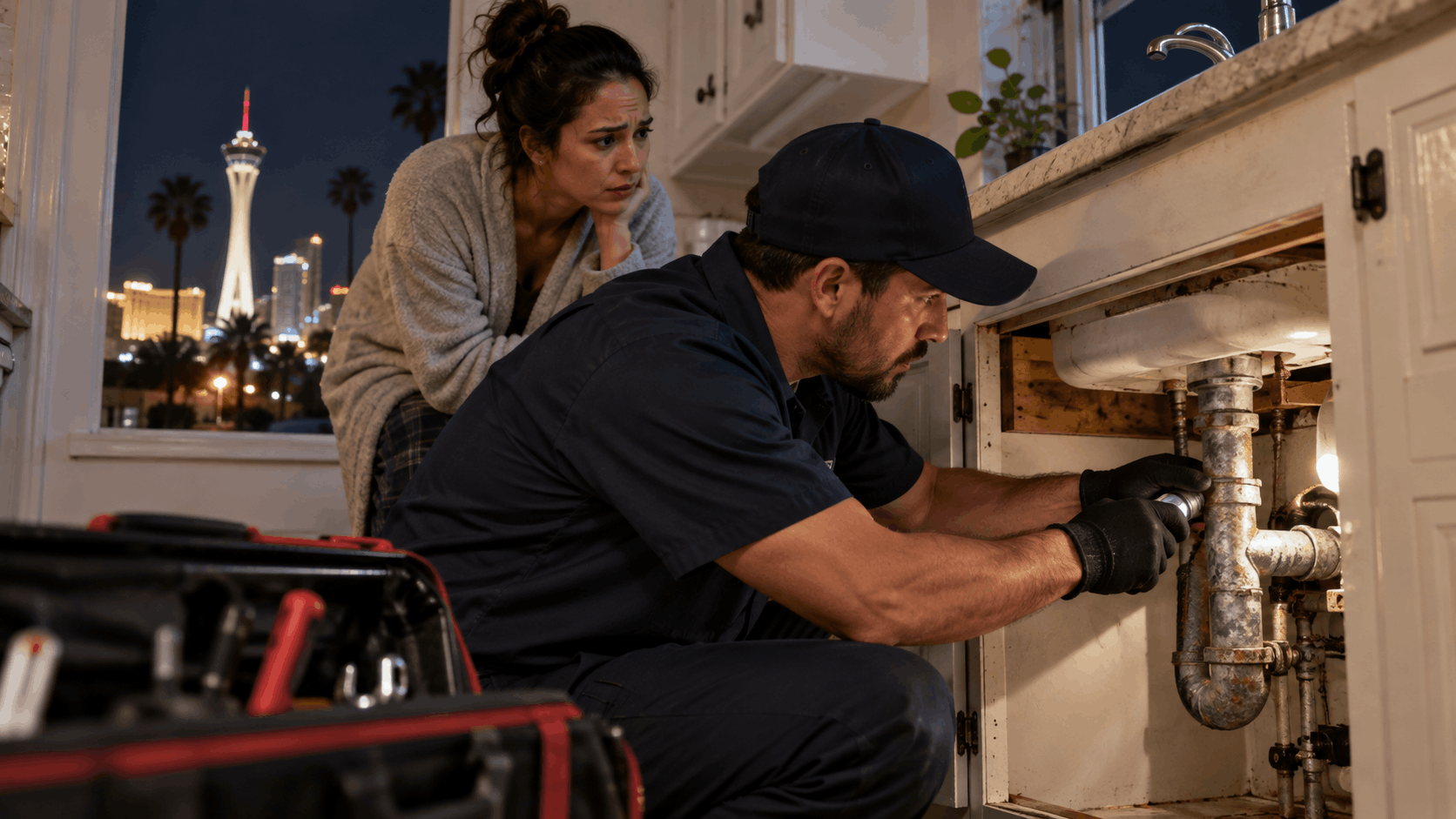 Plumber repairing under-sink pipes at night with Las Vegas skyline visible