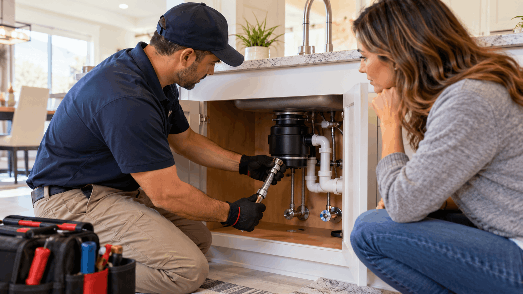 Plumber inspecting under-sink supply lines and garbage disposal in Las Vegas home