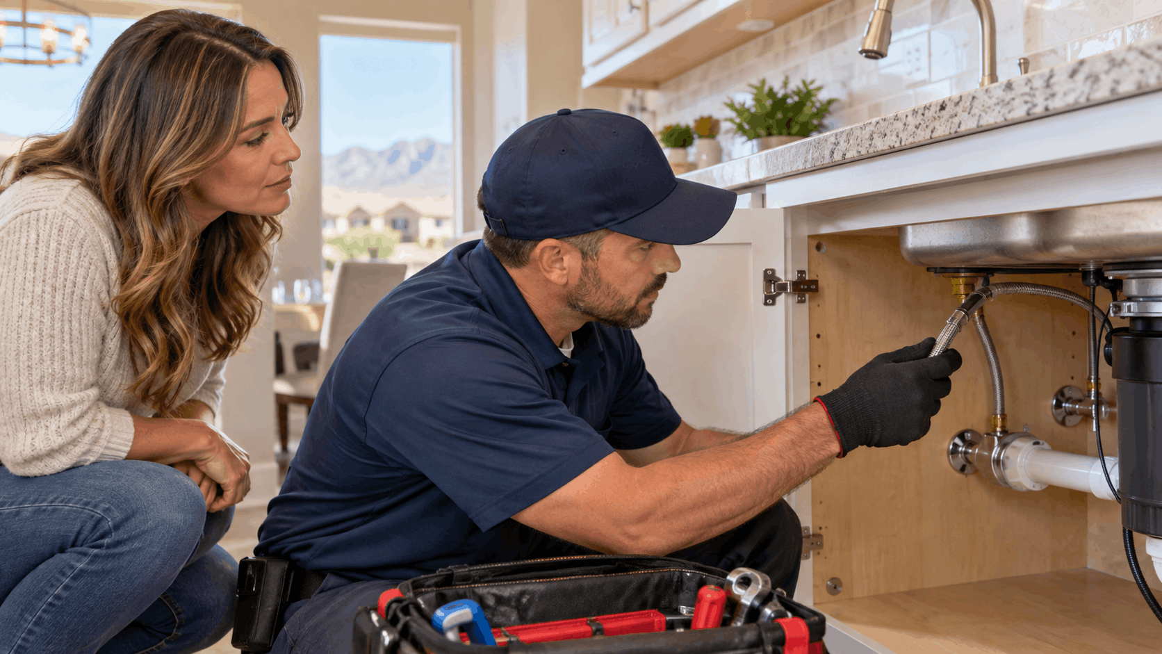 Active Plumbing technician repairing kitchen sink supply line while Las Vegas homeowner watches